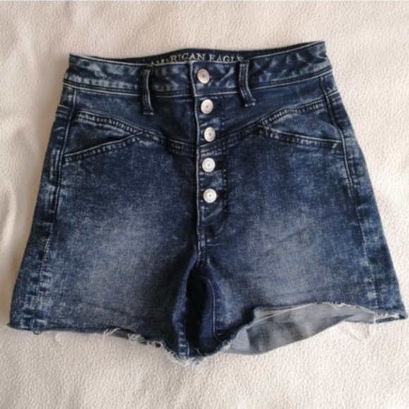 American Eagle Distressed High Waisted Blue Denim Shorts - Picture 7 of 7